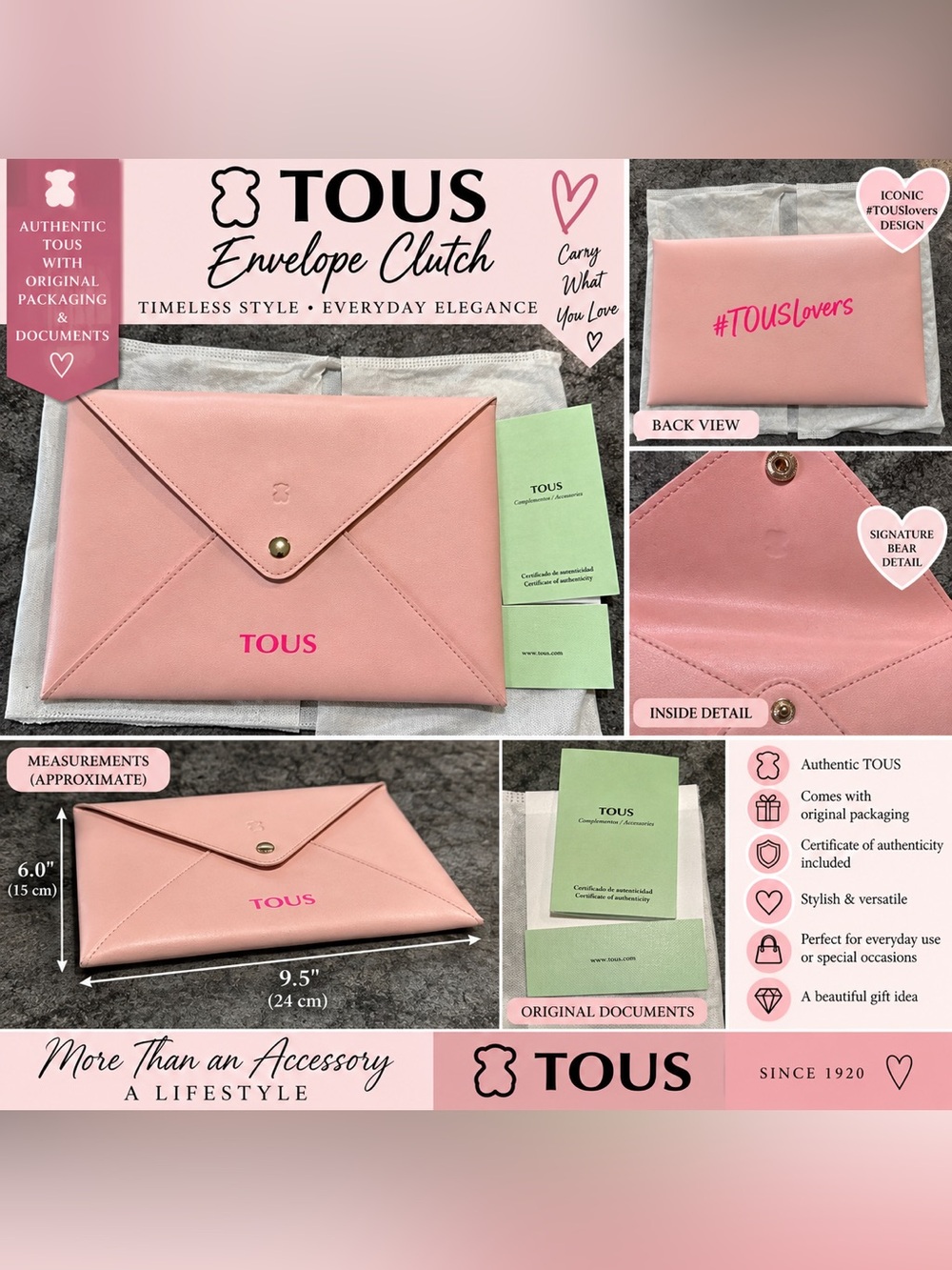 TOUS Pink Envelope Clutch with Signature Bear Detail